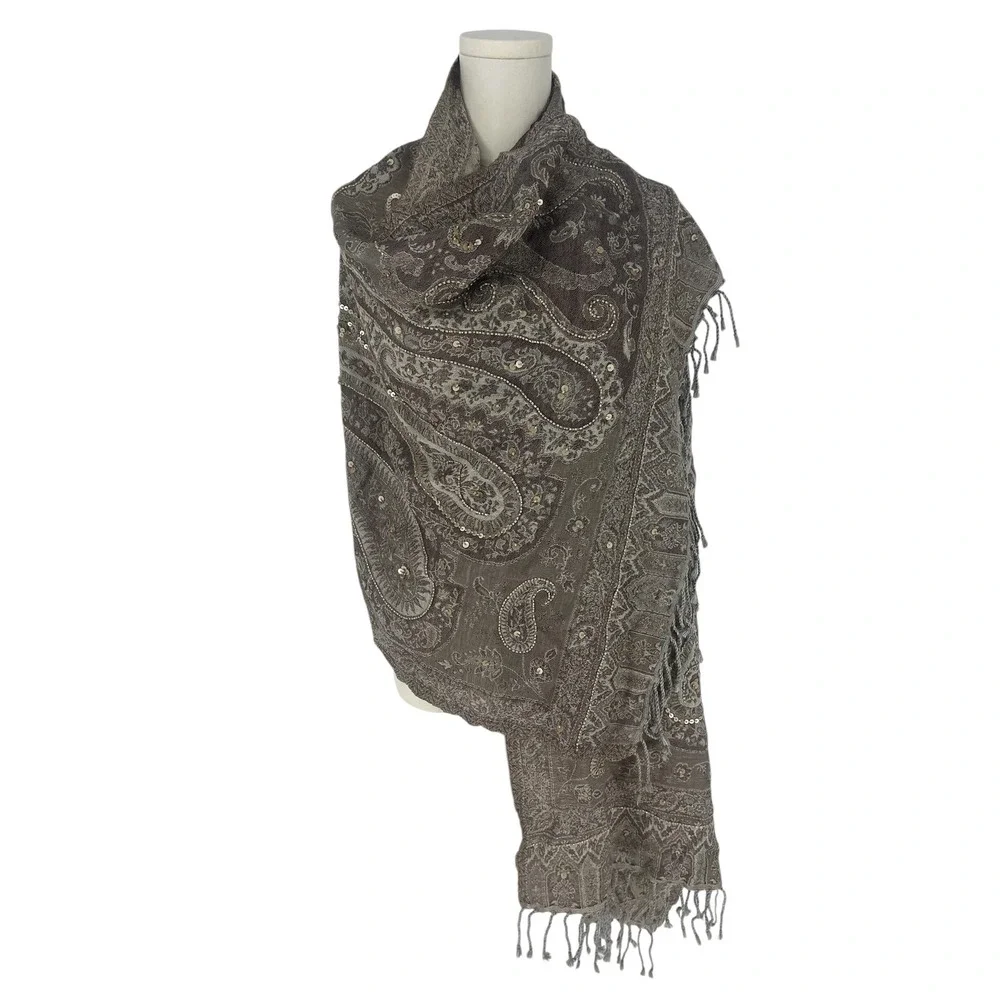 Gerard Darel Gabriella Paisley Wool Sequin Scarf Beige Taupe NWT